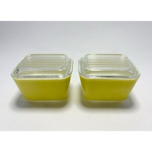 Pyrex 1.5 Cup Qty 2- Yellow 501 B Glass Refrigerator Dishes W/ Lids Set of 2.